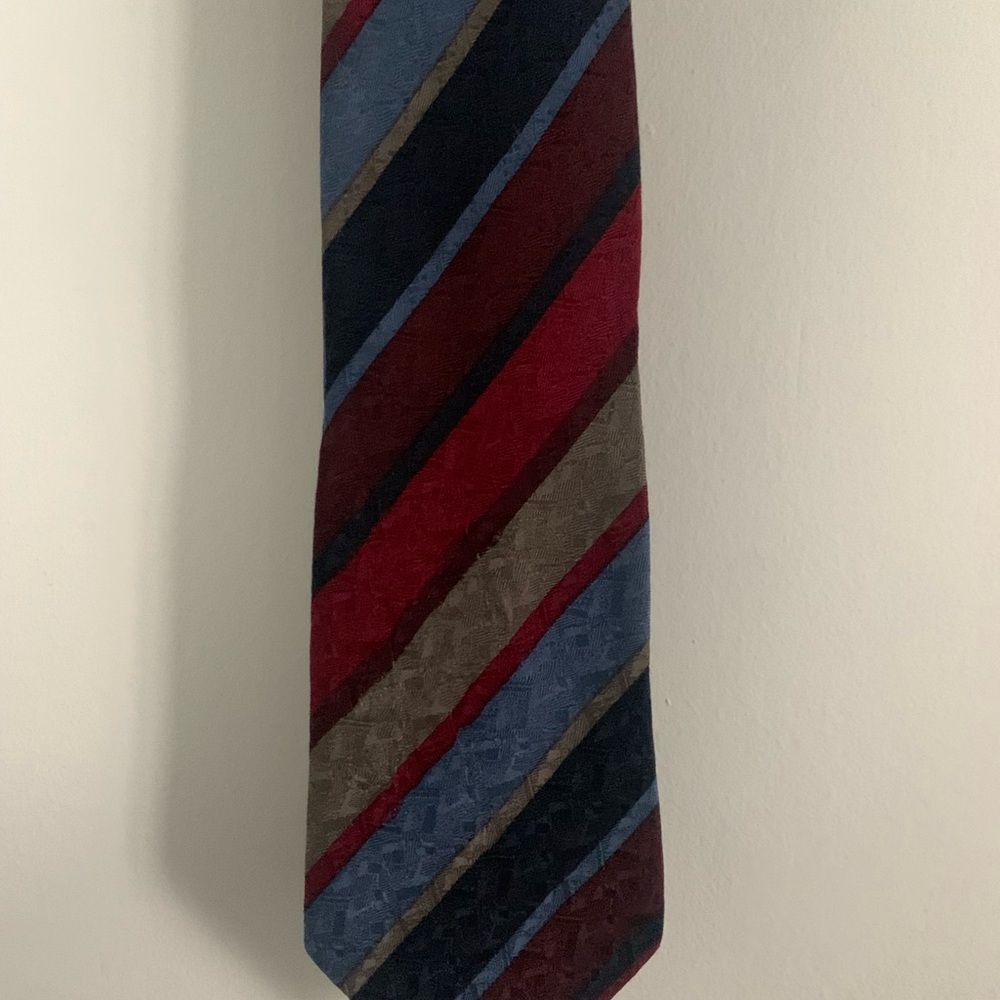 Lanvin Burgundy, Navy, Gray and Light Blue Diagonal Stripe Silk Tie